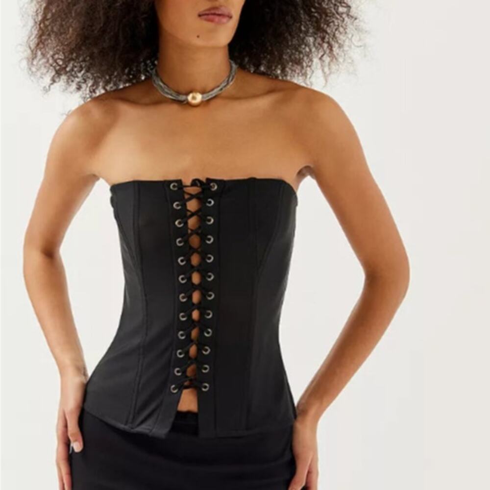 Out From Under Laced Up Strapless Corset Black Stretch Women's M